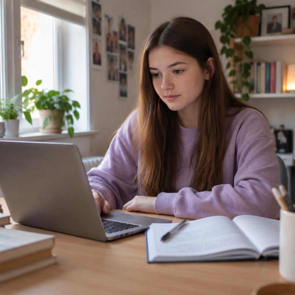 A GCSE student aged around fifteen sits at a tidy desk, studying English on a laptop with a notebook open beside them, focused and relaxed, wearing a soft purple sweatshirt